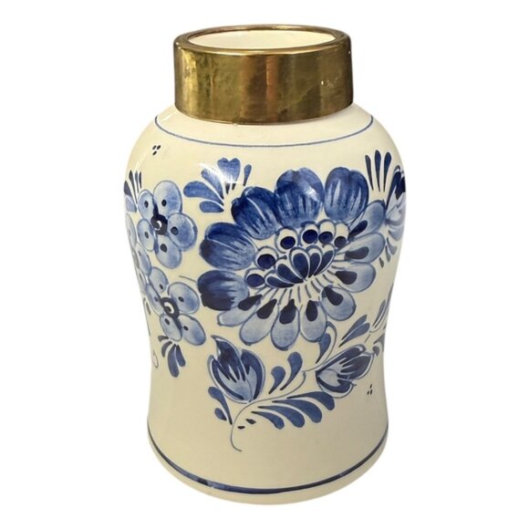 De Delftse Pauw 4.5" Vase Hand-Painted Ceramic With Brass Rim 418 Holland RARE - Picture 1 of 13